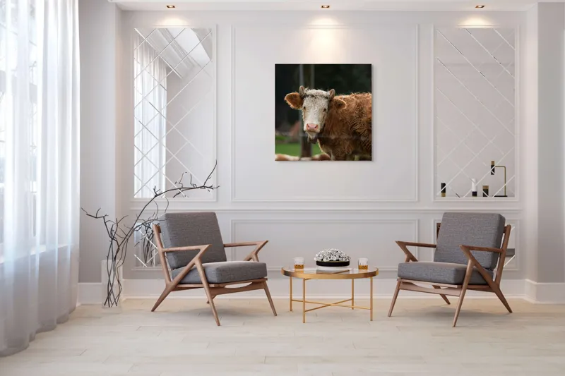 Tablou Canvas, "Vaca în lumina dimineții de toamnă", Curiozitate, Blândețe, Natură, Pășune, Rustic, Relaxare, Vedere., 100 x 100 cm – poza 7