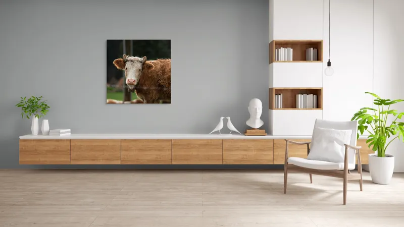 Tablou Canvas, "Vaca în lumina dimineții de toamnă", Curiozitate, Blândețe, Natură, Pășune, Rustic, Relaxare, Vedere., 100 x 100 cm – poza 8