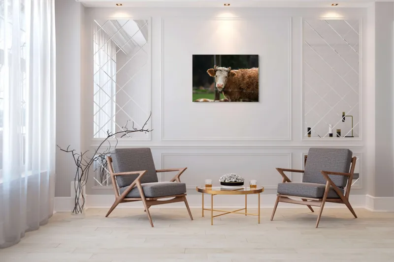 Tablou Canvas, "Vaca în lumina dimineții de toamnă", Curiozitate, Blândețe, Natură, Pășune, Rustic, Relaxare, Vedere., 100 x 70 cm – poza 5