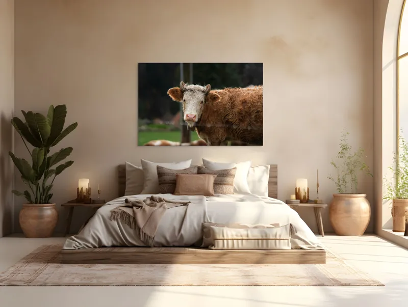 Tablou Canvas, "Vaca în lumina dimineții de toamnă", Curiozitate, Blândețe, Natură, Pășune, Rustic, Relaxare, Vedere., 150 x 100 cm – poza 4