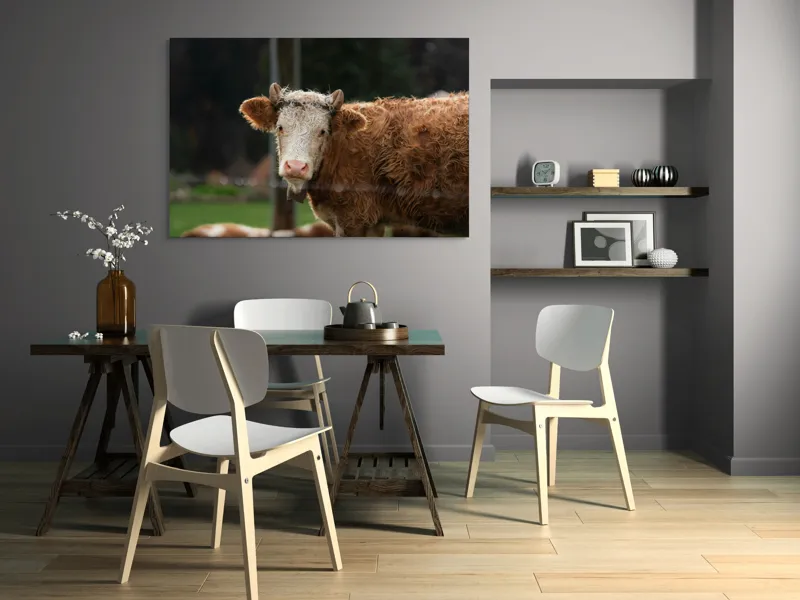 Tablou Canvas, "Vaca în lumina dimineții de toamnă", Curiozitate, Blândețe, Natură, Pășune, Rustic, Relaxare, Vedere., 150 x 100 cm – poza 5