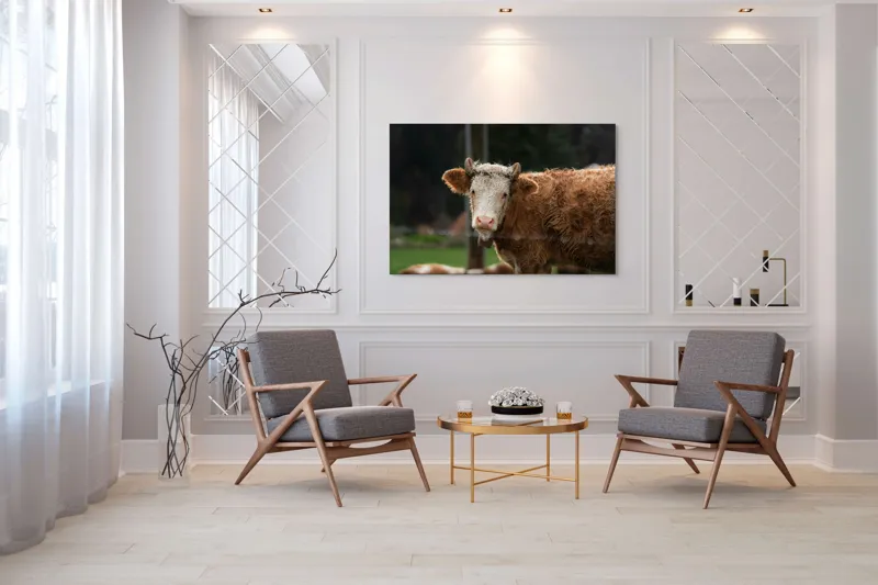 Tablou Canvas, "Vaca în lumina dimineții de toamnă", Curiozitate, Blândețe, Natură, Pășune, Rustic, Relaxare, Vedere., 150 x 100 cm – poza 7