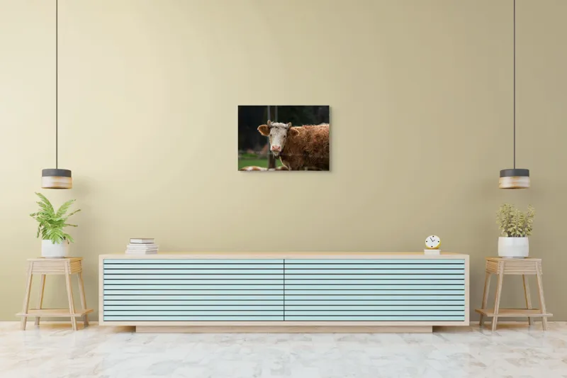 Tablou Canvas, "Vaca în lumina dimineții de toamnă", Curiozitate, Blândețe, Natură, Pășune, Rustic, Relaxare, Vedere., 70 x 50 cm – poza 7