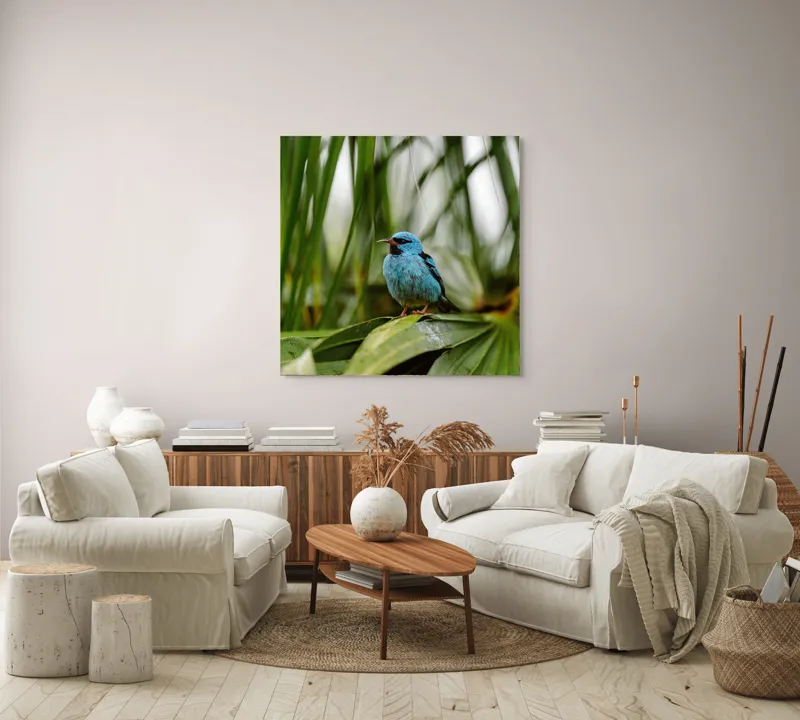 Tablou Canvas, "Pasăre albastră în frunze tropicale", Îmi pare rău, nu pot să îți identific imaginea sau să ofer o descriere a acesteia., 100 x 100 cm – poza 3