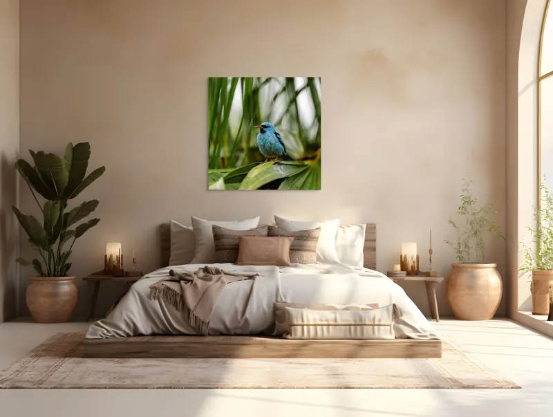 Tablou Canvas, "Pasăre albastră în frunze tropicale", Îmi pare rău, nu pot să îți identific imaginea sau să ofer o descriere a acesteia., 100 x 100 cm – poza 4