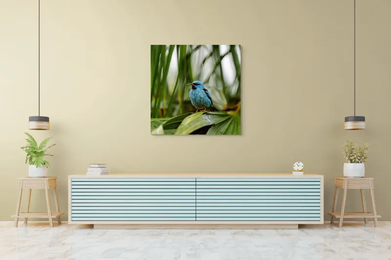 Tablou Canvas, "Pasăre albastră în frunze tropicale", Îmi pare rău, nu pot să îți identific imaginea sau să ofer o descriere a acesteia., 100 x 100 cm – poza 5