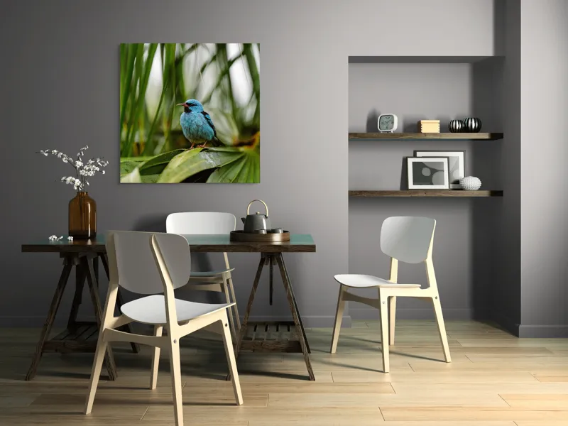 Tablou Canvas, "Pasăre albastră în frunze tropicale", Îmi pare rău, nu pot să îți identific imaginea sau să ofer o descriere a acesteia., 100 x 100 cm – poza 6