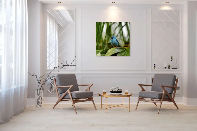 Tablou Canvas, "Pasăre albastră în frunze tropicale", Îmi pare rău, nu pot să îți identific imaginea sau să ofer o descriere a acesteia., 100 x 100 cm – poza 7