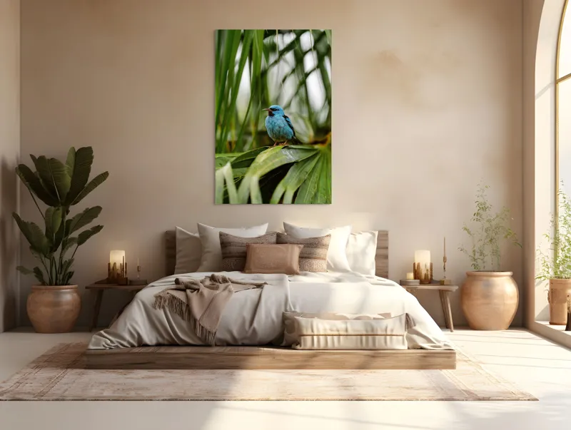 Tablou Canvas, "Pasăre albastră în frunze tropicale", 100 x 150 cm – poza 3