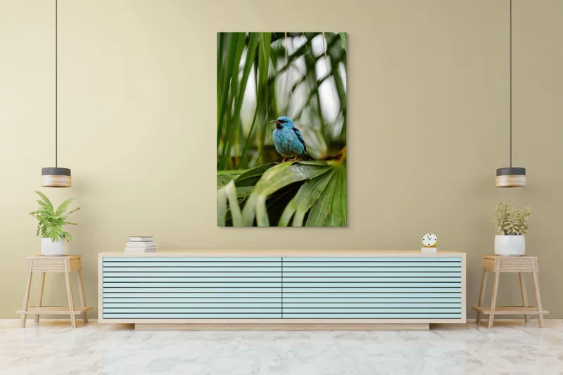 Tablou Canvas, "Pasăre albastră în frunze tropicale", 100 x 150 cm – poza 4