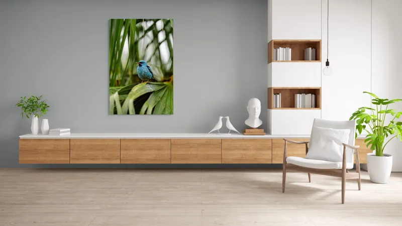 Tablou Canvas, "Pasăre albastră în frunze tropicale", 100 x 150 cm – poza 8