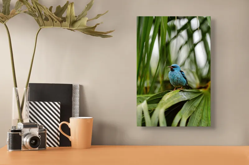 Tablou Canvas, "Pasăre albastră în frunze tropicale", 26 x 39 cm – poza 3