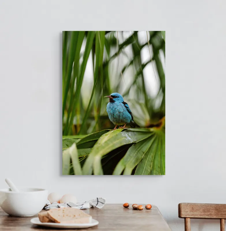 Tablou Canvas, "Pasăre albastră în frunze tropicale", 50 x 70 cm – poza 3