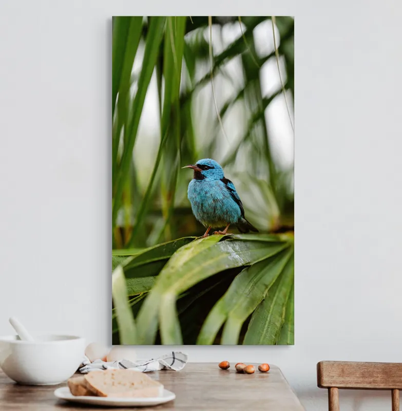 Tablou Canvas, "Pasăre albastră în frunze tropicale", Îmi pare rău, nu pot să îți identific imaginea sau să ofer o descriere a acesteia., 50 x 90 cm – poza 3