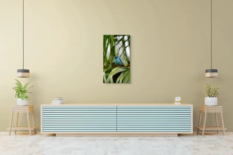 Tablou Canvas, "Pasăre albastră în frunze tropicale", Îmi pare rău, nu pot să îți identific imaginea sau să ofer o descriere a acesteia., 50 x 90 cm – poza 6