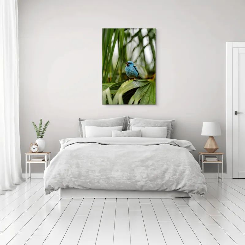 Tablou Canvas, "Pasăre albastră în frunze tropicale", Îmi pare rău, nu pot să îți identific imaginea sau să ofer o descriere a acesteia., 70 x 100 cm – poza 3