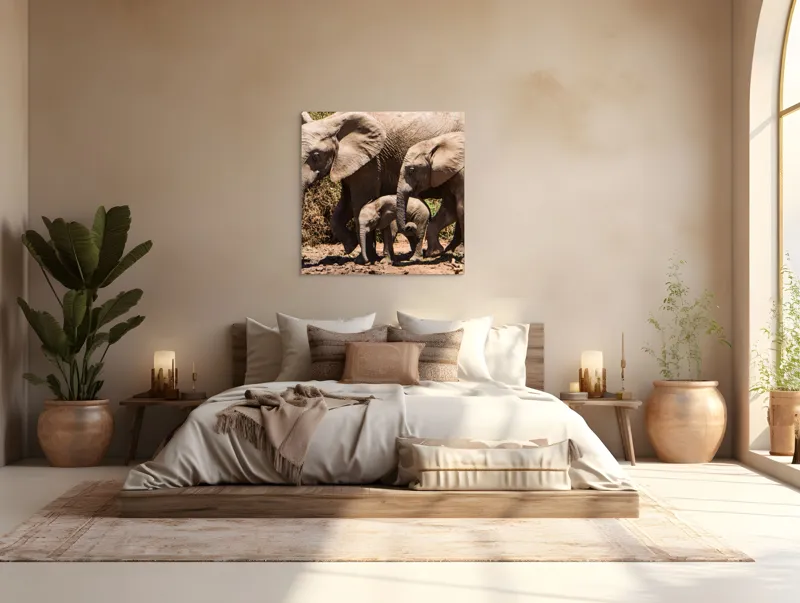 Tablou Canvas, "Elefanți în armonie prin savană", Elefanți, Pământ, Arbori, Familie, Trompe, Urechi, Pași, Căldură, Natură, Pui., 100 x 100 cm – poza 4