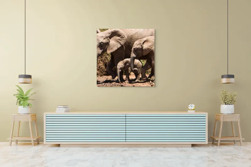 Tablou Canvas, "Elefanți în armonie prin savană", Elefanți, Pământ, Arbori, Familie, Trompe, Urechi, Pași, Căldură, Natură, Pui., 100 x 100 cm – poza 5
