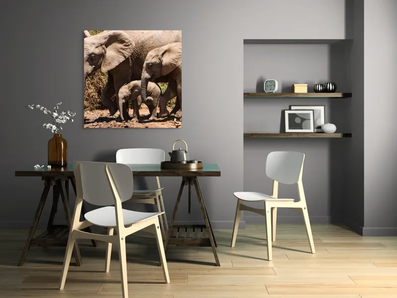 Tablou Canvas, "Elefanți în armonie prin savană", Elefanți, Pământ, Arbori, Familie, Trompe, Urechi, Pași, Căldură, Natură, Pui., 100 x 100 cm – poza 6