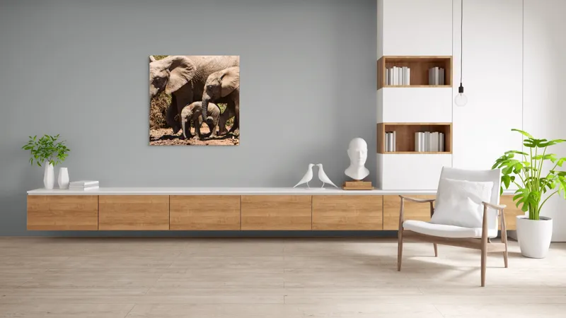 Tablou Canvas, "Elefanți în armonie prin savană", Elefanți, Pământ, Arbori, Familie, Trompe, Urechi, Pași, Căldură, Natură, Pui., 100 x 100 cm – poza 8