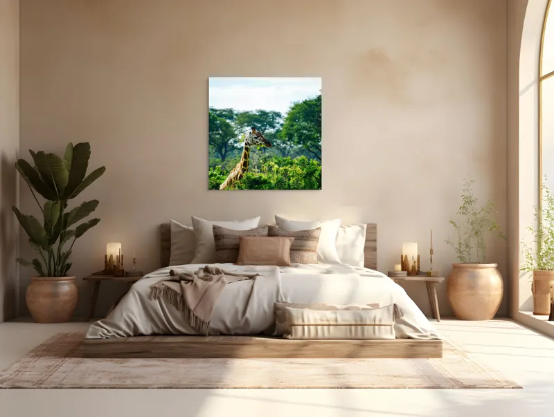 Tablou Canvas, "Girafa printre copaci în savană verde", Giraffe, Greenery, Trees, Sky, Wildlife, Nature, Landscape, 100 x 100 cm – poza 4