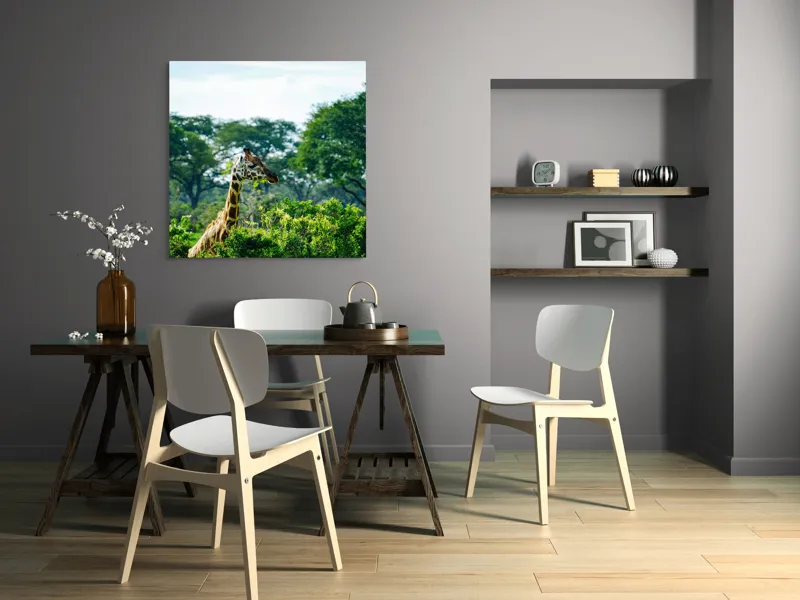 Tablou Canvas, "Girafa printre copaci în savană verde", Giraffe, Greenery, Trees, Sky, Wildlife, Nature, Landscape, 100 x 100 cm – poza 6