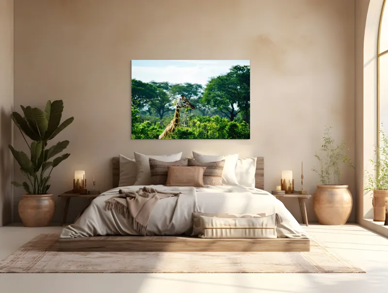 Tablou Canvas, "Girafa printre copaci în savană verde", Giraffe, Greenery, Trees, Sky, Wildlife, Nature, Landscape, 150 x 100 cm – poza 4
