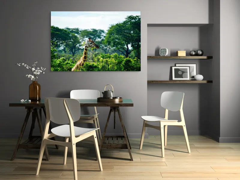 Tablou Canvas, "Girafa printre copaci în savană verde", Giraffe, Greenery, Trees, Sky, Wildlife, Nature, Landscape, 150 x 100 cm – poza 5
