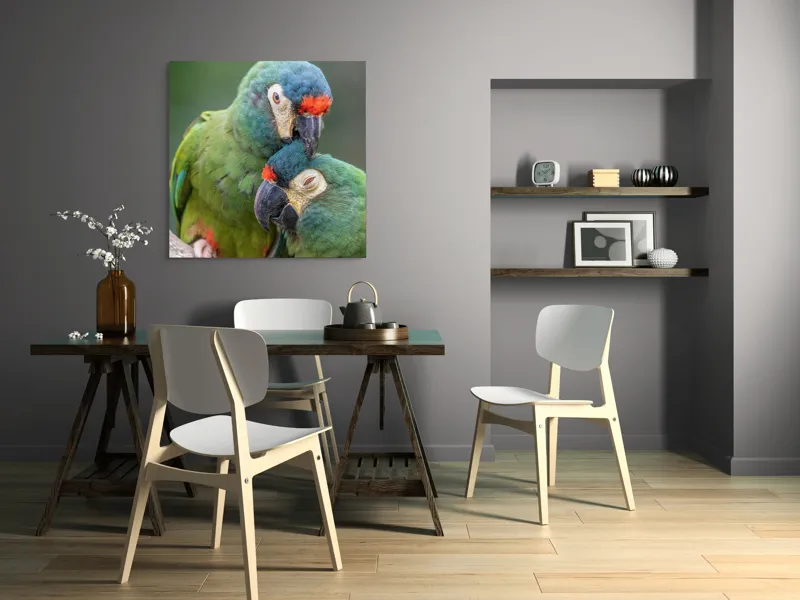 Tablou Canvas, "Papagali într-o tandră îmbrățișare verde", Nu pot să identific persoane sau animale specifice în imagini, dar pot spune că fotografia arată doi papagali colorați care arată afecțiune unul față de celălalt., 100 x 100 cm – poza 6