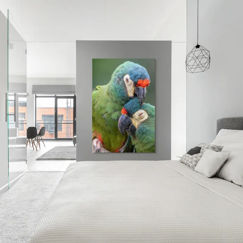 Tablou Canvas, "Papagali într-o tandră îmbrățișare verde", Nu pot să identific persoane sau animale specifice în imagini, dar pot spune că fotografia arată doi papagali colorați care arată afecțiune unul față de celălalt., 100 x 150 cm – poza 5
