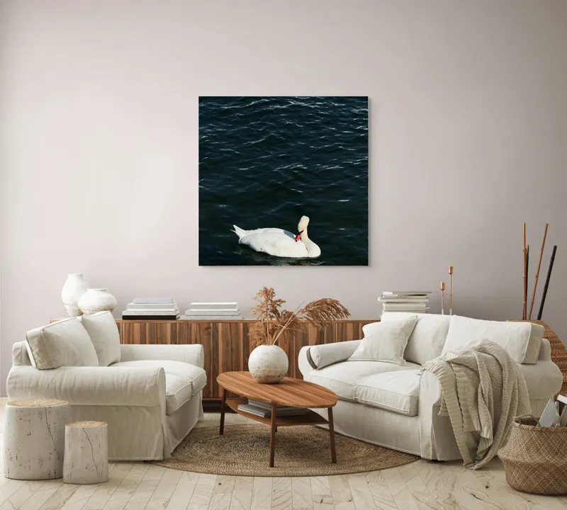 Tablou Canvas, "Lebăda plutește pe apă întunecată", Lebădă, Apă, Serenitate, Frumusețe, Calmitate, Natură, Eleganță, 100 x 100 cm – poza 3