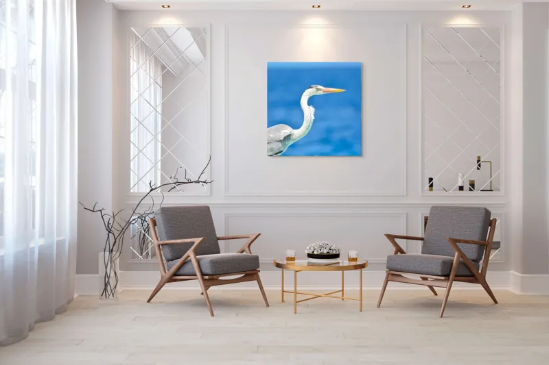 Tablou Canvas, "Egreta la marginea oceanului albastru", Nu pot să identific această pasăre, dar pot spune că imaginea arată un peisaj frumos cu un pește acvatic distinctiv., 100 x 100 cm – poza 7