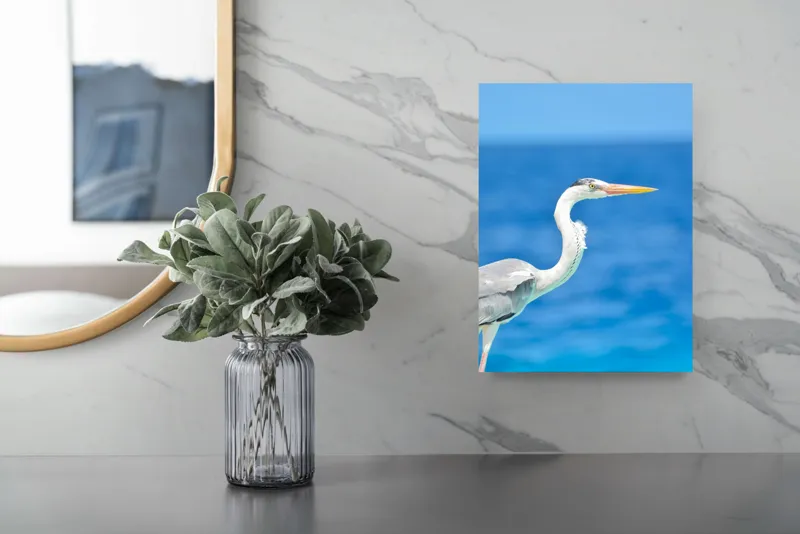 Tablou Canvas, "Egreta la marginea oceanului albastru", Nu pot să identific această pasăre, dar pot spune că imaginea arată un peisaj frumos cu un pește acvatic distinctiv., 26 x 39 cm – poza 4