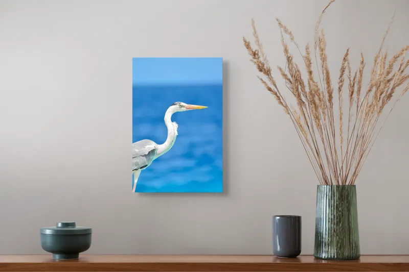 Tablou Canvas, "Egreta la marginea oceanului albastru", Nu pot să identific această pasăre, dar pot spune că imaginea arată un peisaj frumos cu un pește acvatic distinctiv., 26 x 39 cm – poza 5