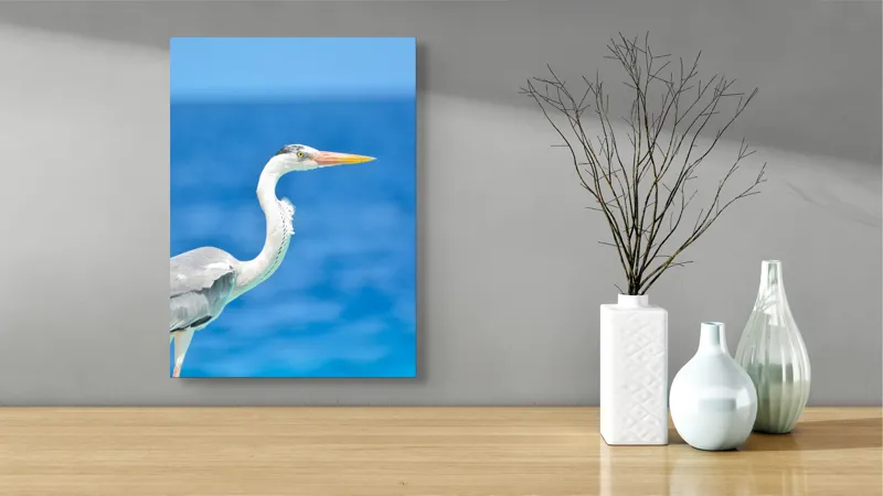 Tablou Canvas, "Egreta la marginea oceanului albastru", Nu pot să identific această pasăre, dar pot spune că imaginea arată un peisaj frumos cu un pește acvatic distinctiv., 39 x 54 cm – poza 4