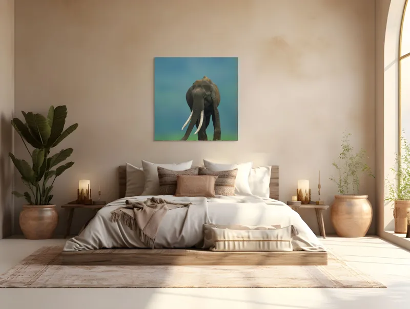Tablou Canvas, "Elefantul în liniștea naturii", Elefant, Trombă, Colți, Iarbă, Serenitate, Natură, Verde, Albastru, 100 x 100 cm – poza 4