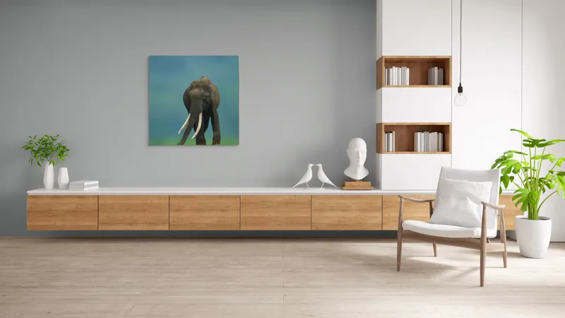 Tablou Canvas, "Elefantul în liniștea naturii", Elefant, Trombă, Colți, Iarbă, Serenitate, Natură, Verde, Albastru, 100 x 100 cm – poza 8