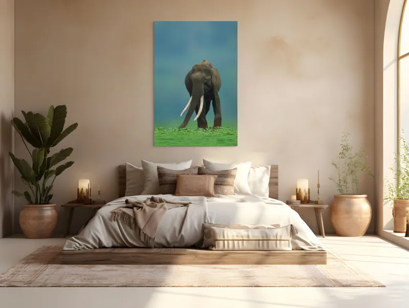 Tablou Canvas, "Elefantul în liniștea naturii", Elefant, Trombă, Colți, Iarbă, Serenitate, Natură, Verde, Albastru, 100 x 150 cm – poza 3