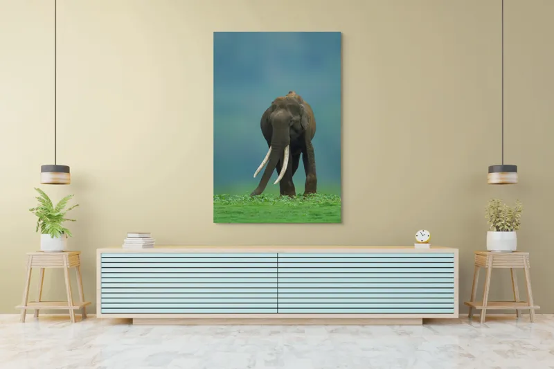 Tablou Canvas, "Elefantul în liniștea naturii", Elefant, Trombă, Colți, Iarbă, Serenitate, Natură, Verde, Albastru, 100 x 150 cm – poza 4