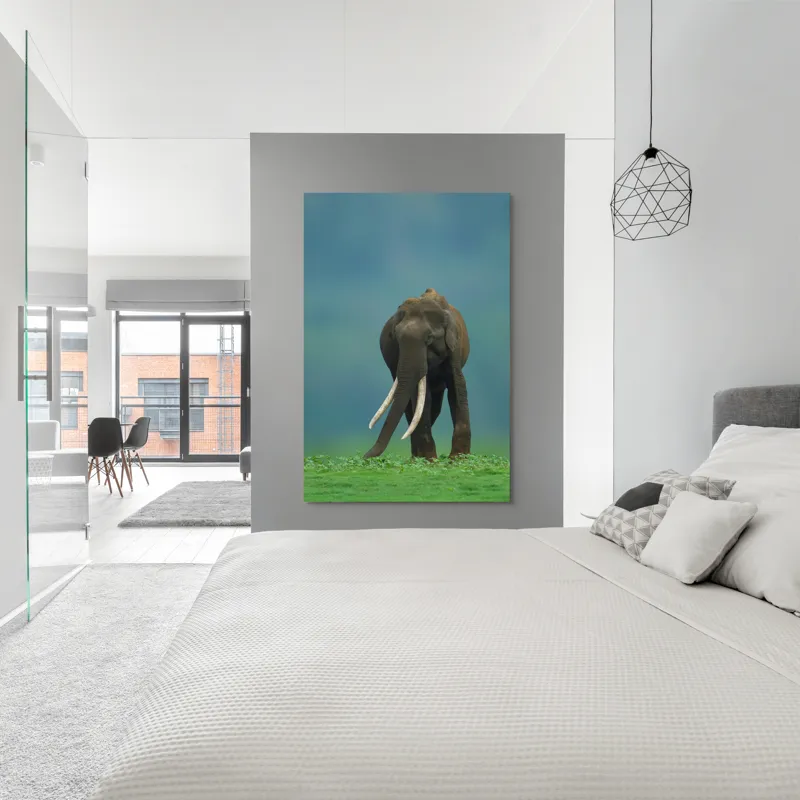 Tablou Canvas, "Elefantul în liniștea naturii", Elefant, Trombă, Colți, Iarbă, Serenitate, Natură, Verde, Albastru, 100 x 150 cm – poza 5