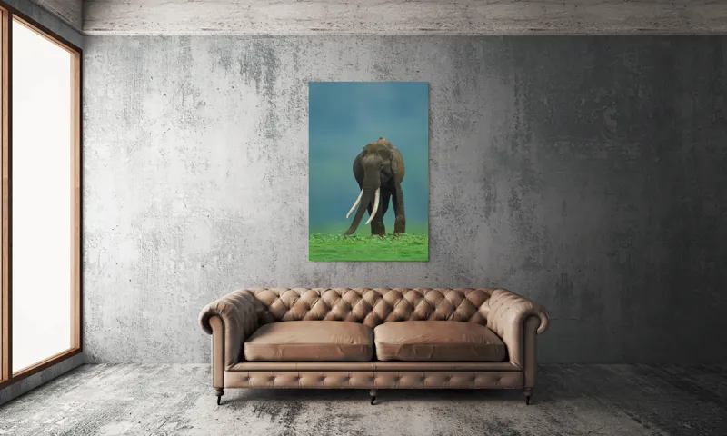 Tablou Canvas, "Elefantul în liniștea naturii", Elefant, Trombă, Colți, Iarbă, Serenitate, Natură, Verde, Albastru, 100 x 150 cm – poza 6