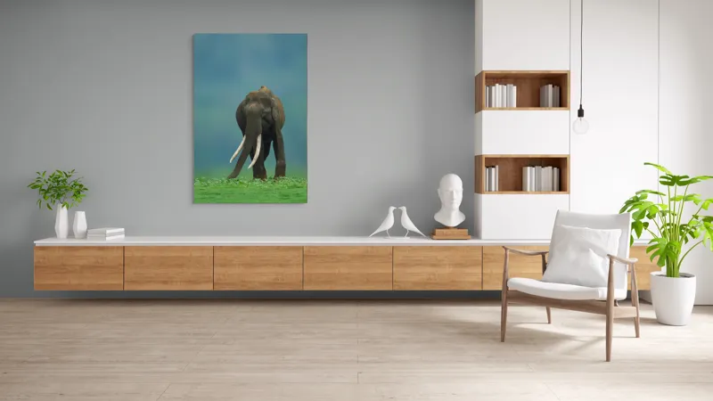 Tablou Canvas, "Elefantul în liniștea naturii", Elefant, Trombă, Colți, Iarbă, Serenitate, Natură, Verde, Albastru, 100 x 150 cm – poza 8