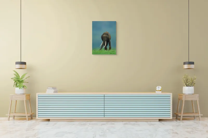 Tablou Canvas, "Elefantul în liniștea naturii", Elefant, Trombă, Colți, Iarbă, Serenitate, Natură, Verde, Albastru, 50 x 70 cm – poza 6