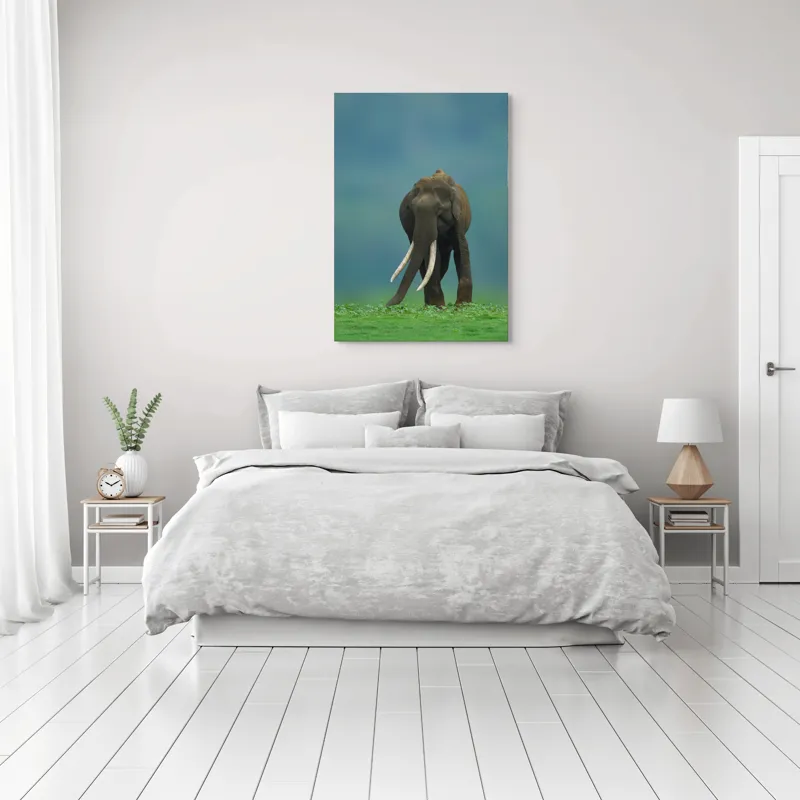 Tablou Canvas, "Elefantul în liniștea naturii", Elefant, Trombă, Colți, Iarbă, Serenitate, Natură, Verde, Albastru, 70 x 100 cm – poza 3