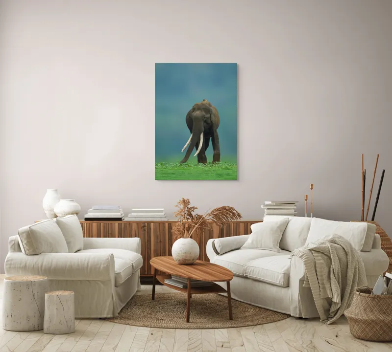 Tablou Canvas, "Elefantul în liniștea naturii", Elefant, Trombă, Colți, Iarbă, Serenitate, Natură, Verde, Albastru, 70 x 100 cm – poza 4