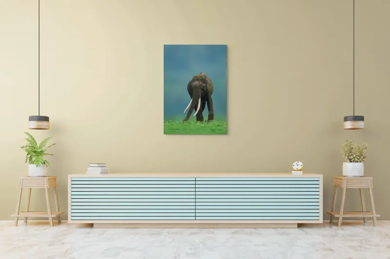 Tablou Canvas, "Elefantul în liniștea naturii", Elefant, Trombă, Colți, Iarbă, Serenitate, Natură, Verde, Albastru, 70 x 100 cm – poza 5