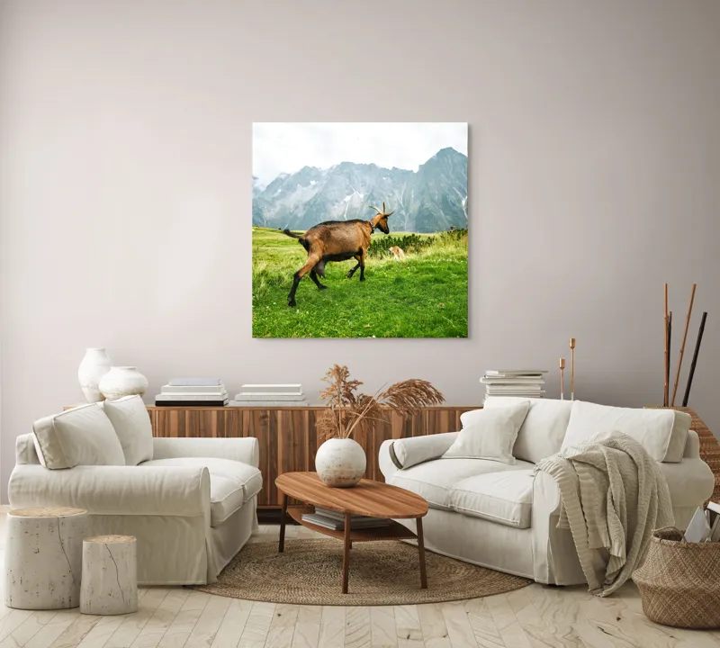 Tablou Canvas, "Capra liberă în munții verzi", Capră, Munte, Iarbă, Cer, Peisaj, Natură, Vârfuri, Libertate, Verde, Aventură, 100 x 100 cm – poza 3