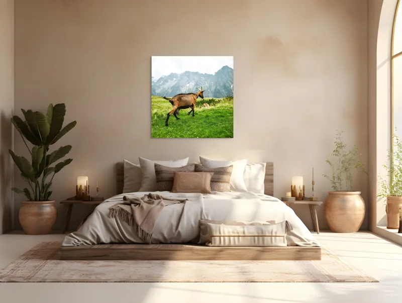 Tablou Canvas, "Capra liberă în munții verzi", Capră, Munte, Iarbă, Cer, Peisaj, Natură, Vârfuri, Libertate, Verde, Aventură, 100 x 100 cm – poza 4
