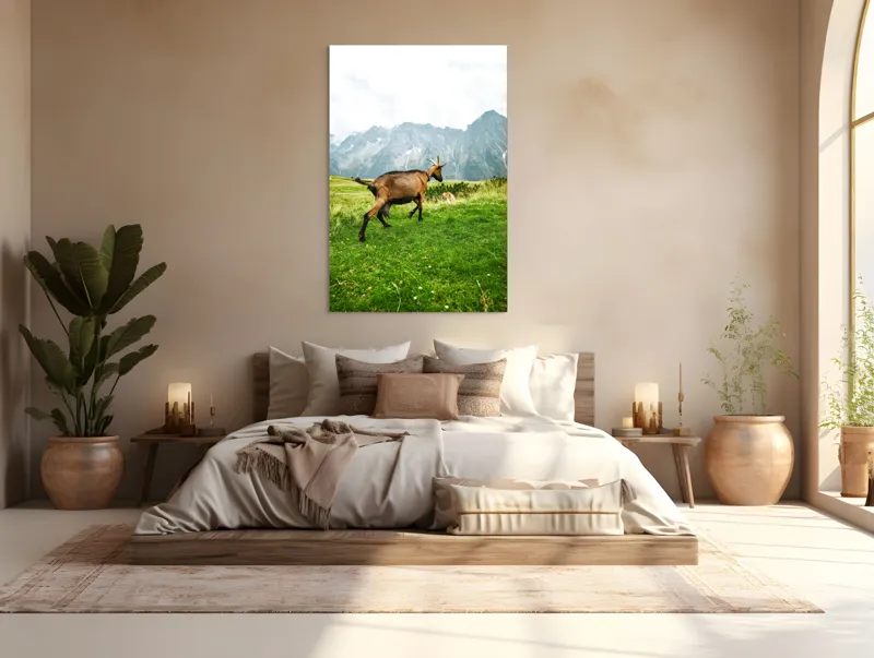 Tablou Canvas, "Capra liberă în munții verzi", Capră, Munte, Iarbă, Cer, Peisaj, Natură, Vârfuri, Libertate, Verde, Aventură, 100 x 150 cm – poza 3