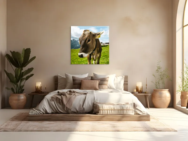 Tablou Canvas, "Vițelul din munții înverziți", Vacă, Verdeață, Munți, Cer, Nori, 100 x 100 cm – poza 4
